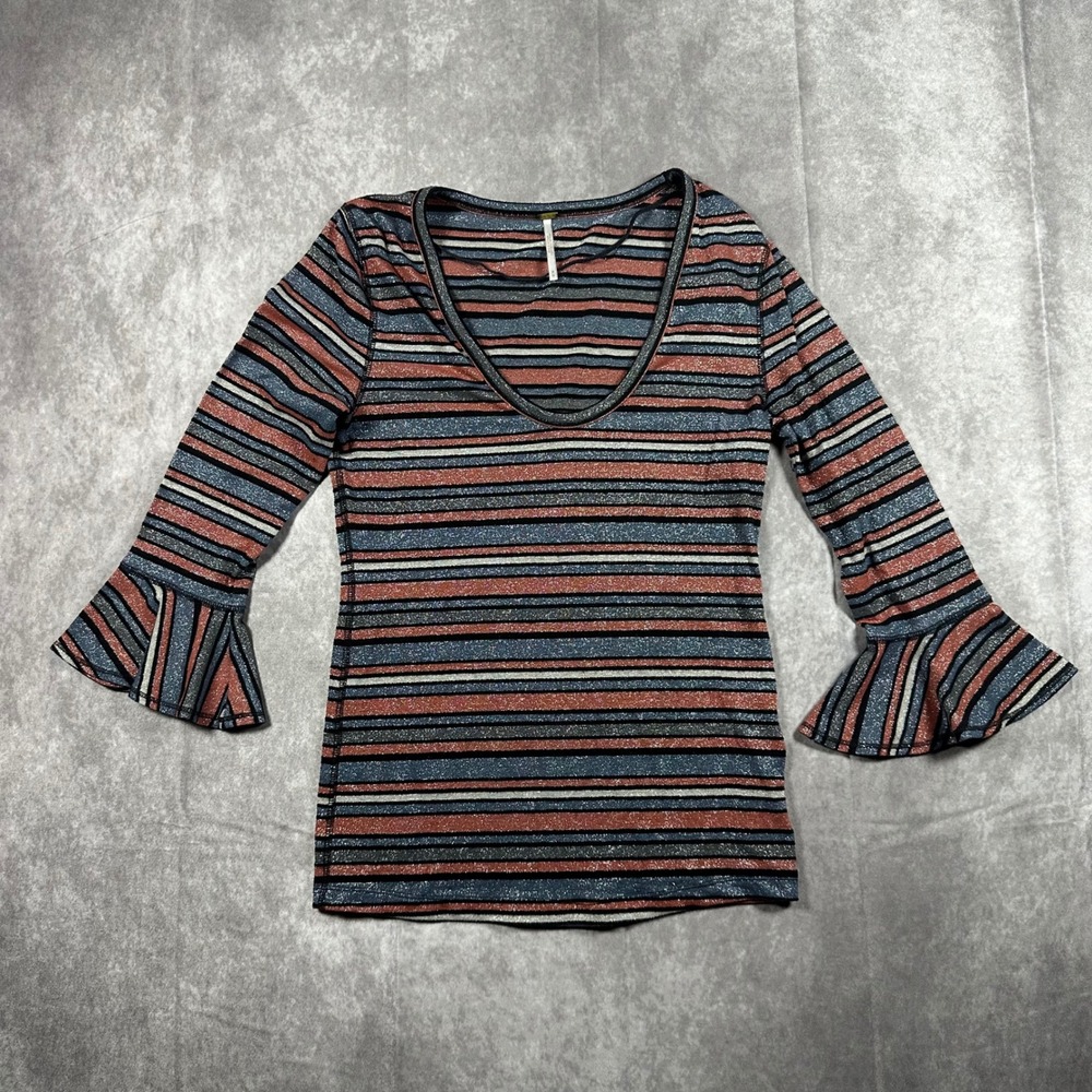 Free People Surprise Party Metallic‎ Striped Bell Sleeve Top Multi Color Size M